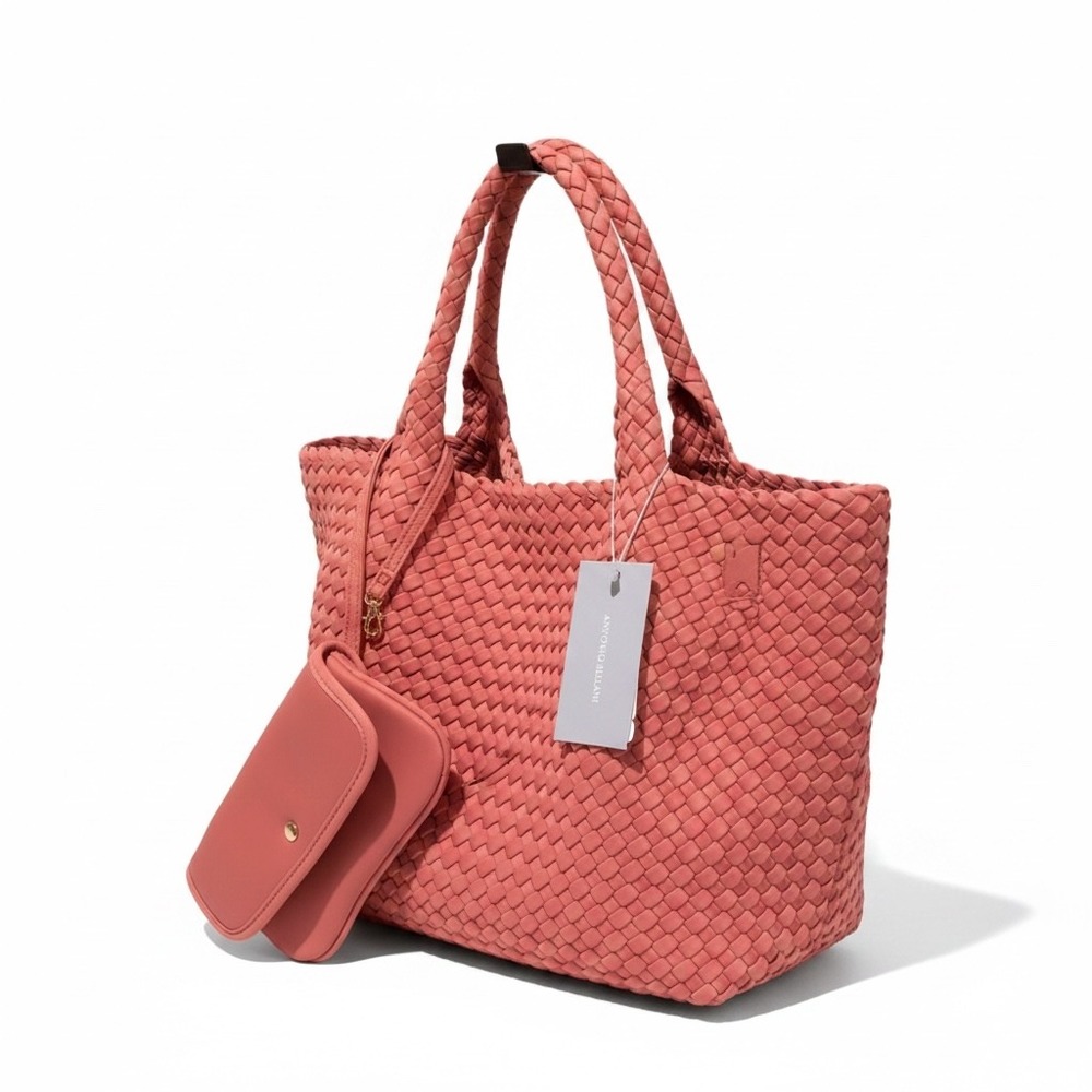 Antonio Melani Woven Tote Bag Rose Pink Braided Shoulder Bag with Pouch NEW